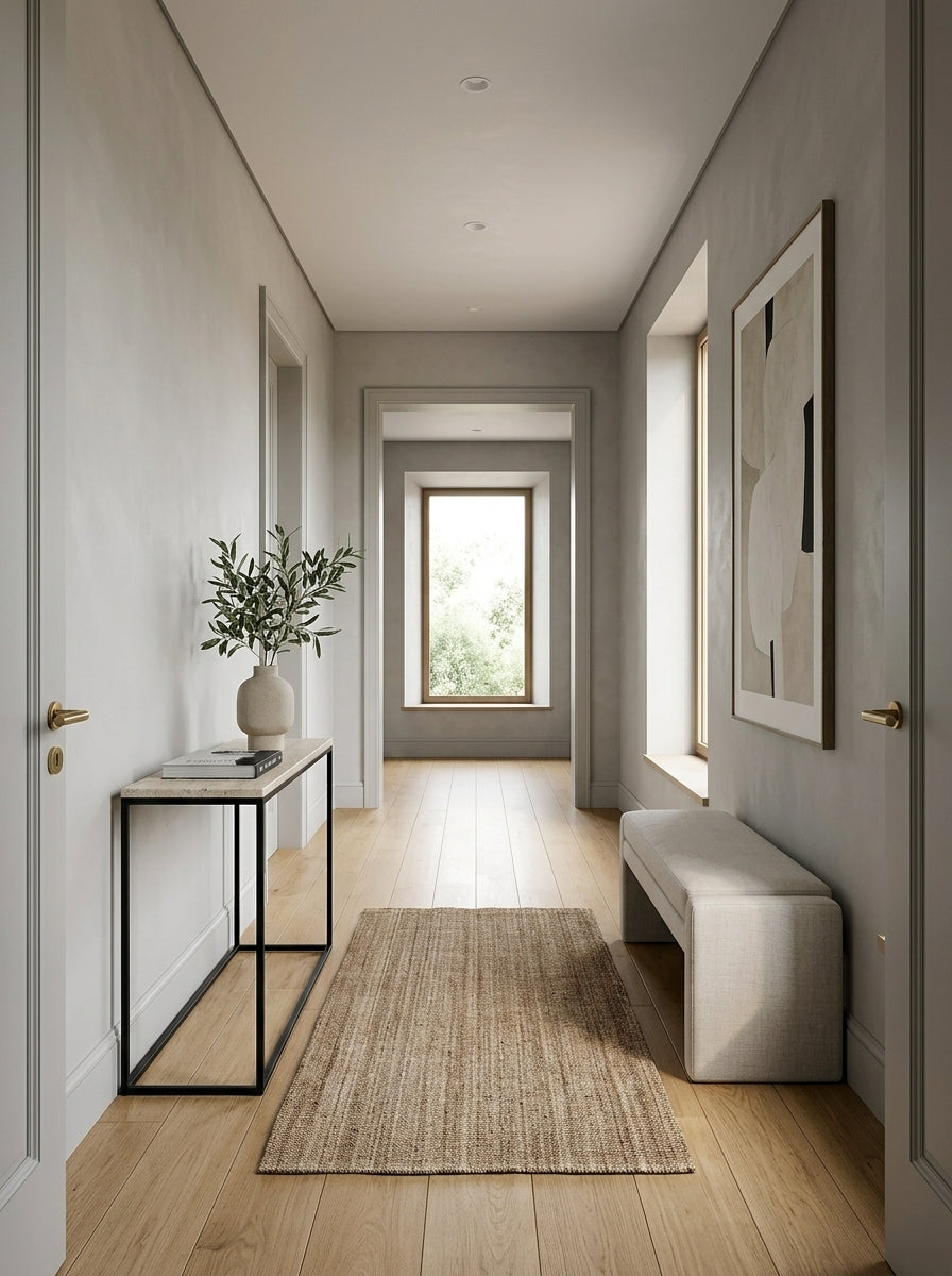 Camino yute organic en pasillo contemporáneo minimalista con tonos neutros
