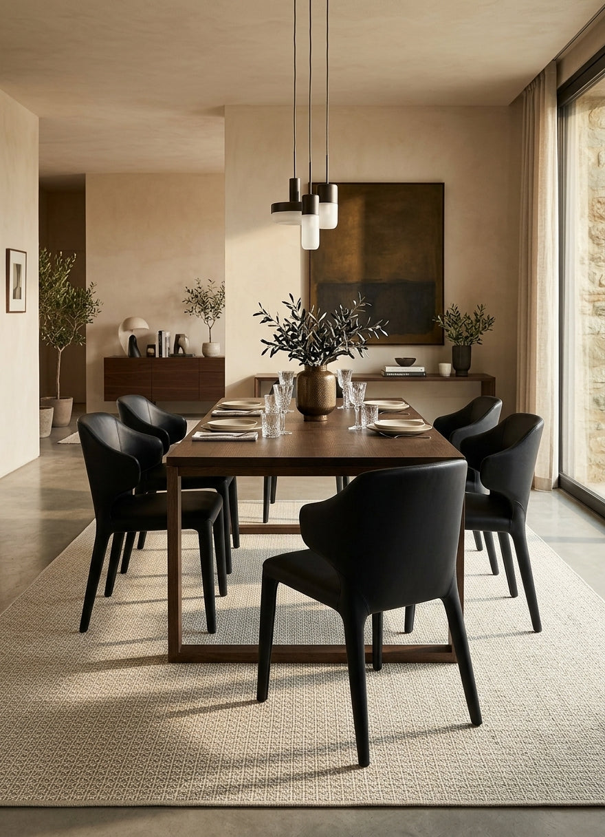 Alfombra de sisal marfil en comedor contemporáneo cálido con mesa y sillas oscuras.