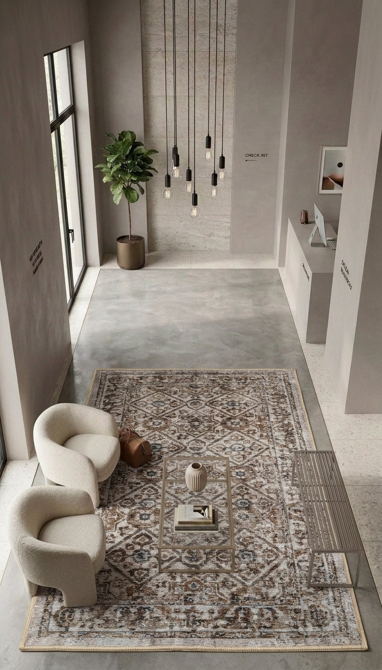 Tapete Addis en ambiente cálido minimalista, con tonos neutros