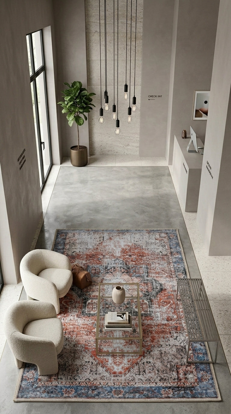 Tapete Cordoba en sala clean, moderna, con cemento alisado y estilo minimalista