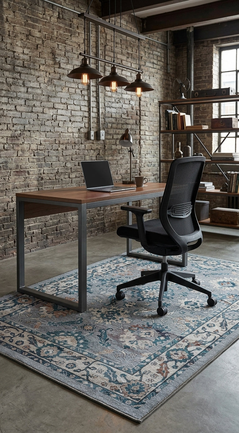 Tapete florence en oficina contemporánea con estilo industrial, ladrillo expuesto y tonos madera