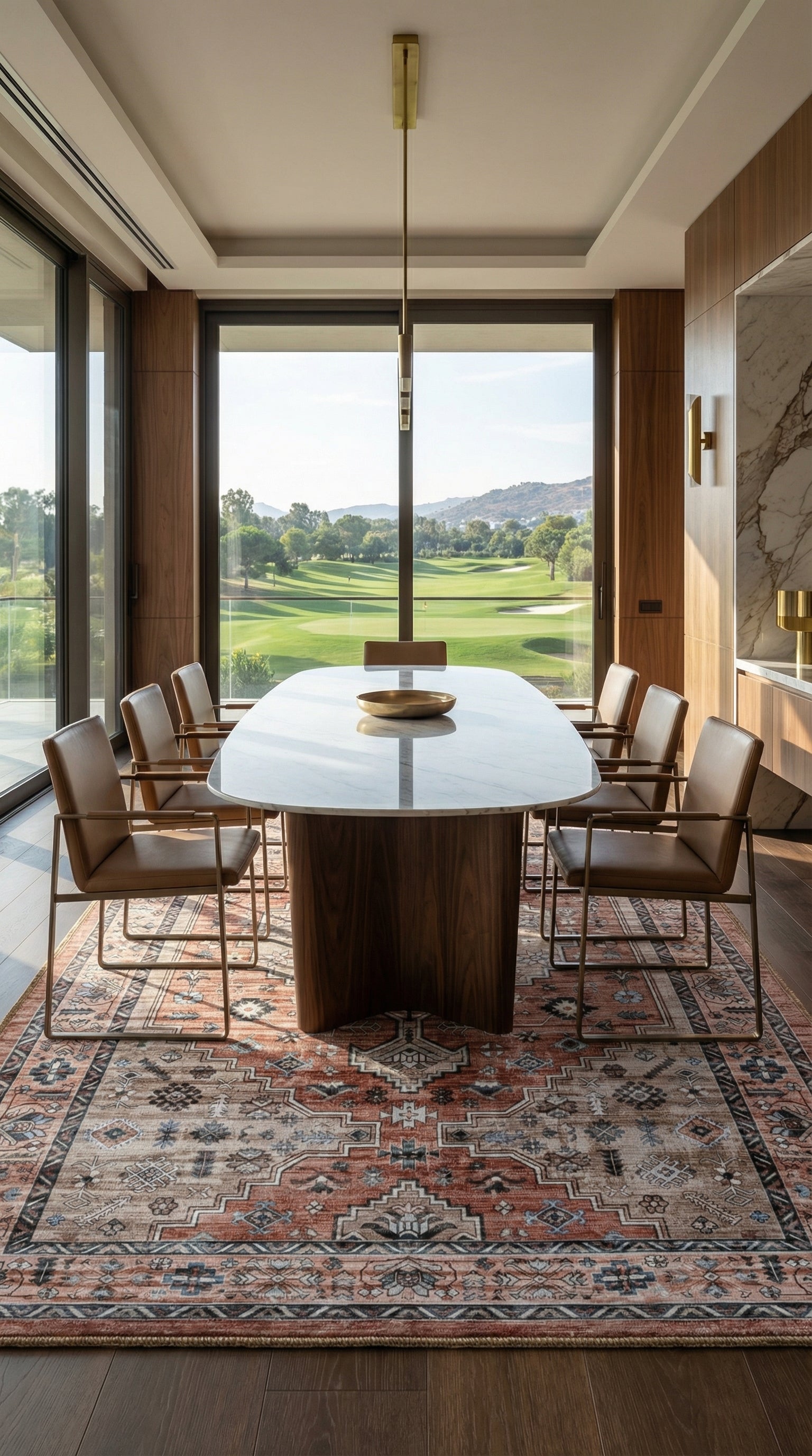 Tapete Lucca en comedor sofisticado con tonos madera
