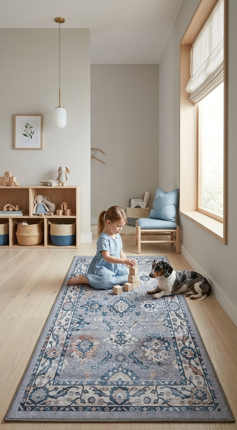 Tapete florence en habitación de niños iluminada y minimalista