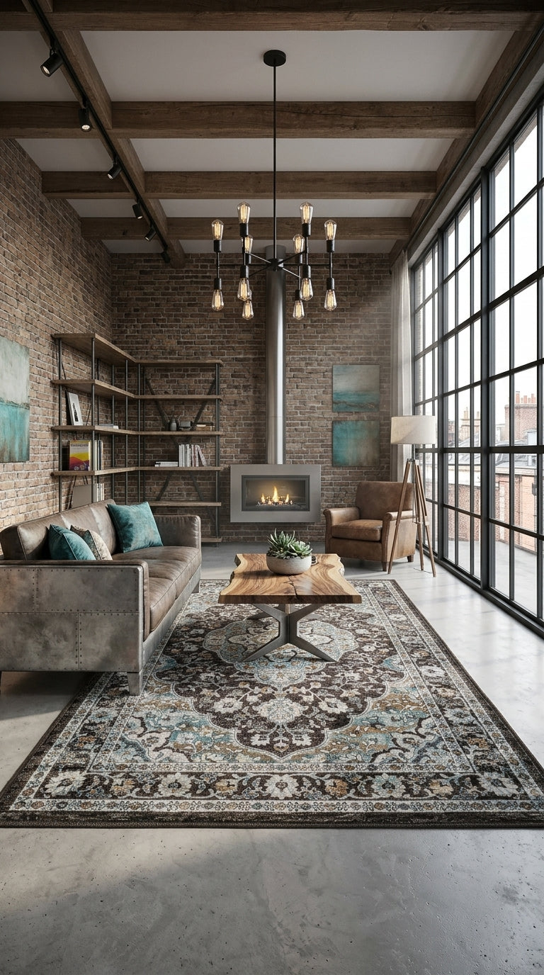 Tapete ararat en living contemporáneo cálido con estilo industrial