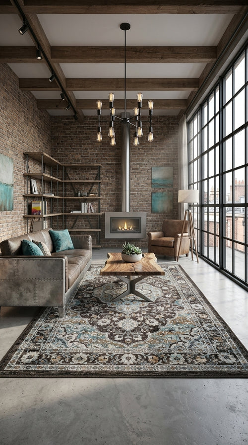 Tapete ararat en living contemporáneo cálido con estilo industrial