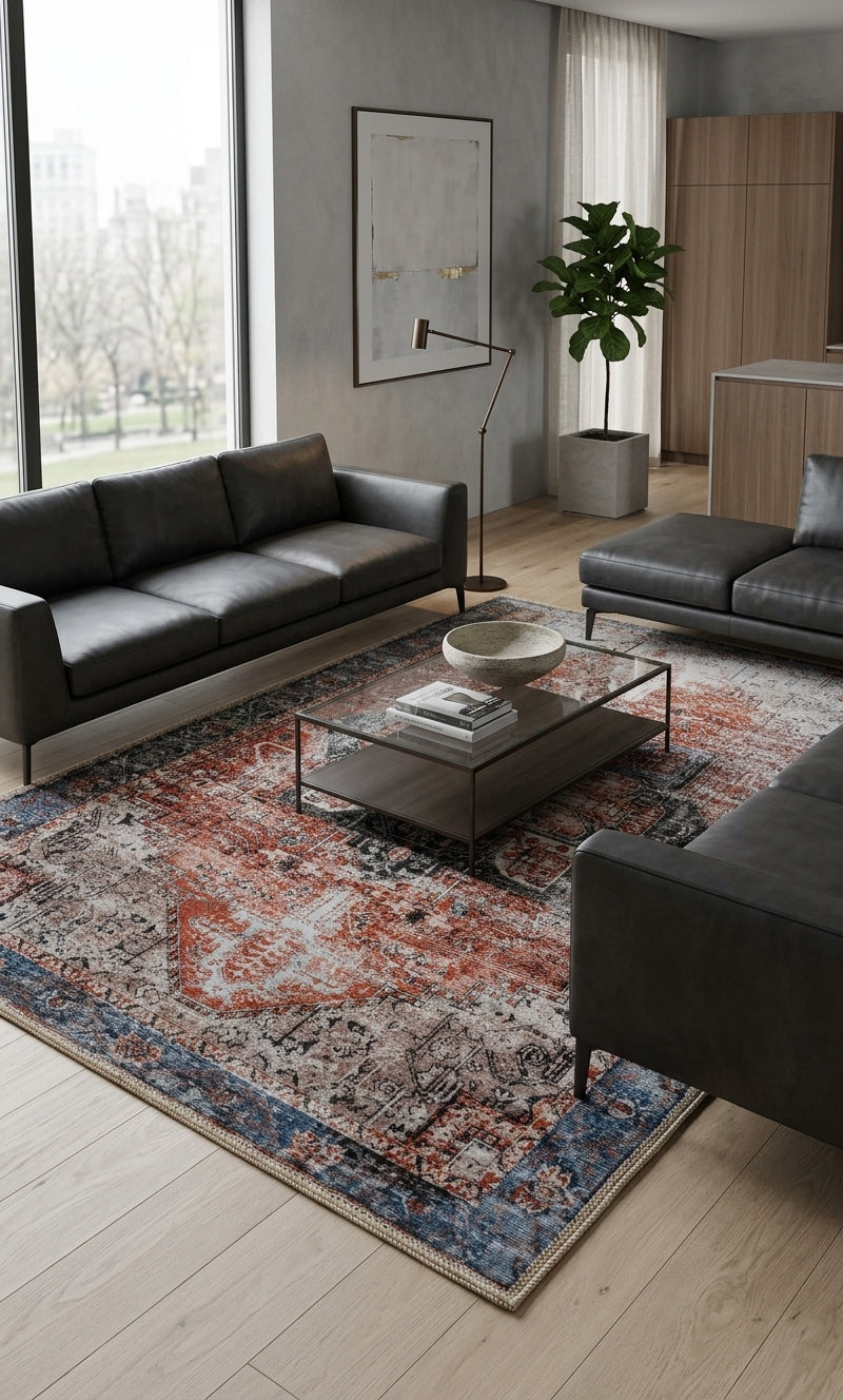 Tapete cordoba en living cálido e iluminado con muebles de cuero