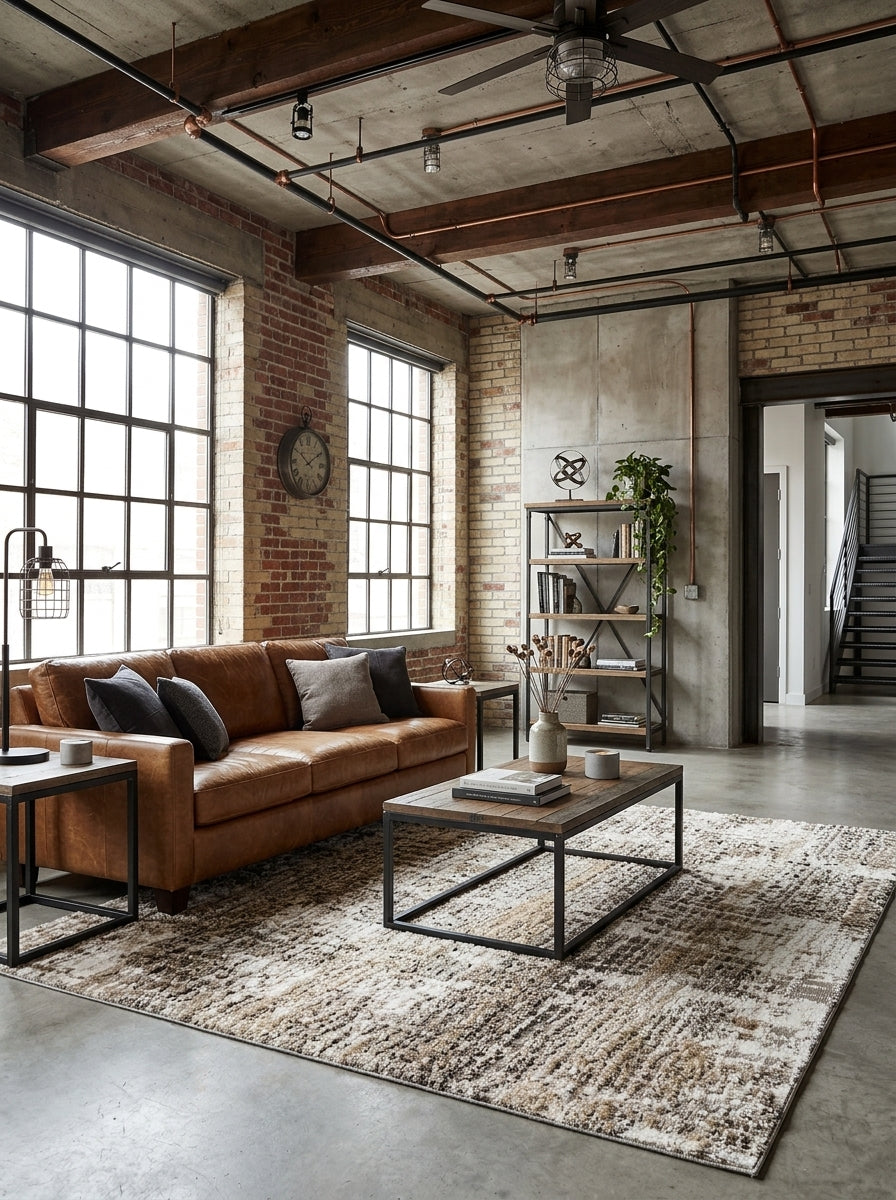 Tapete Salma Block en ambiente cálido moderno con estilo industrial