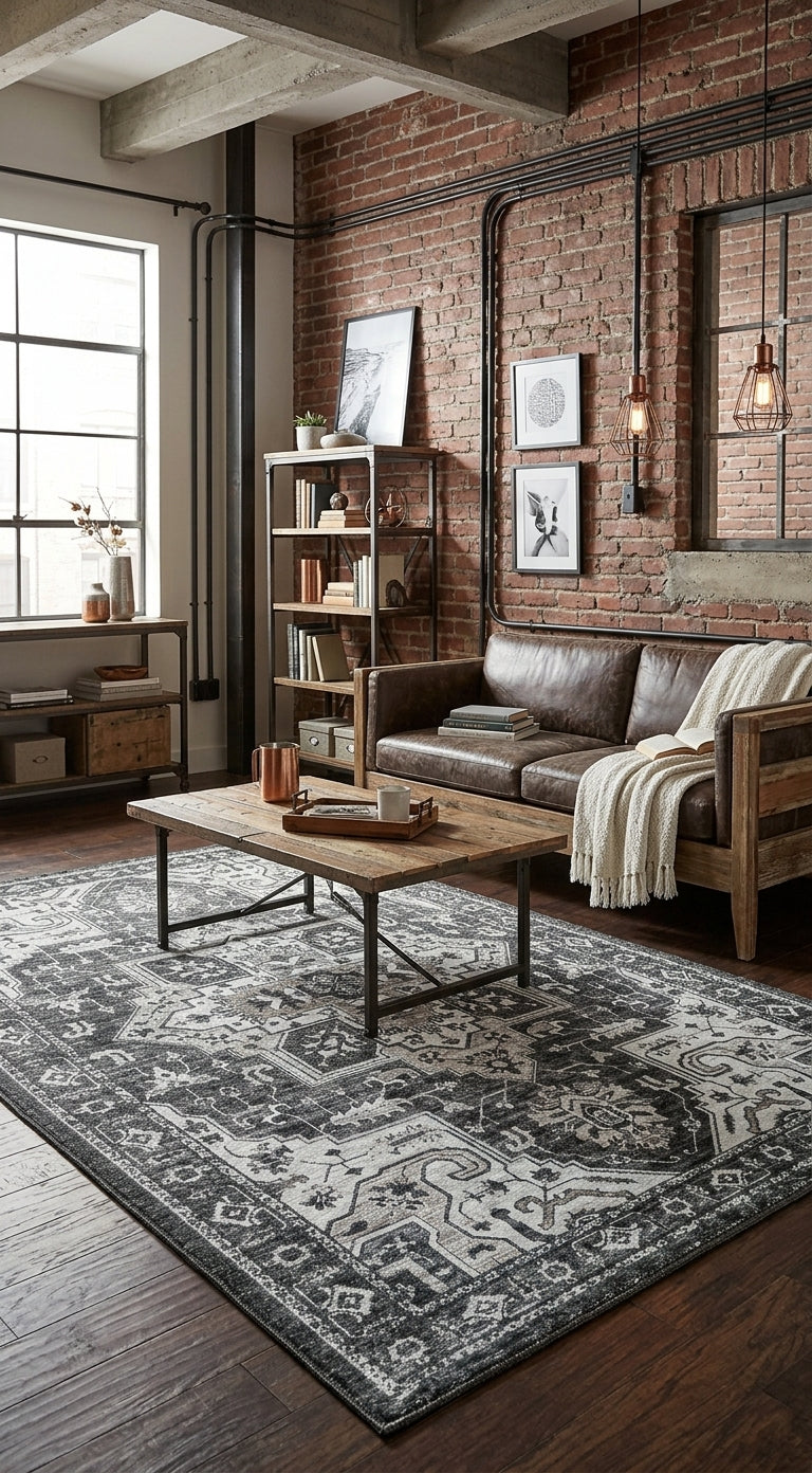 Tapete Siena en living contemporáneo, estilo industrial con ladrillo expuesto y tonos madera