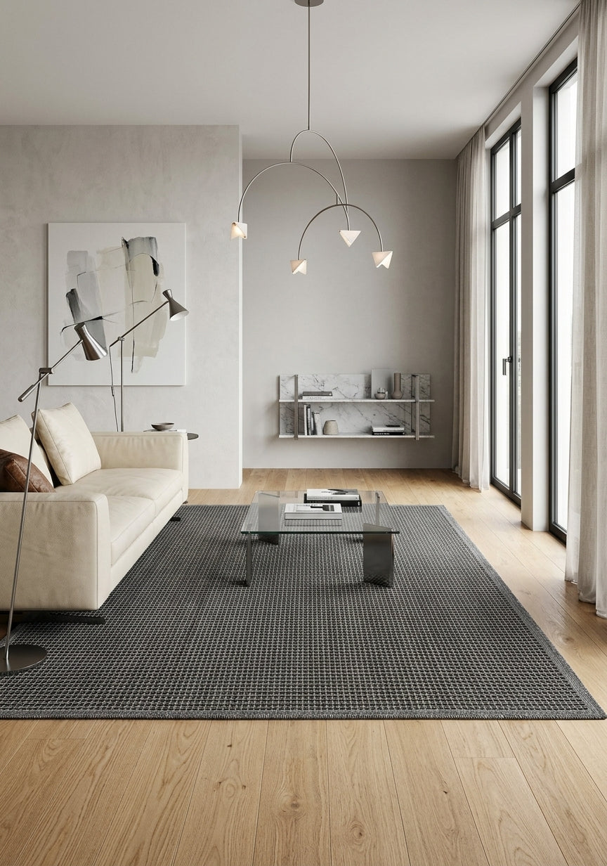 Alfombra de sisal grafito en living contemporáneo estilo minimalista.