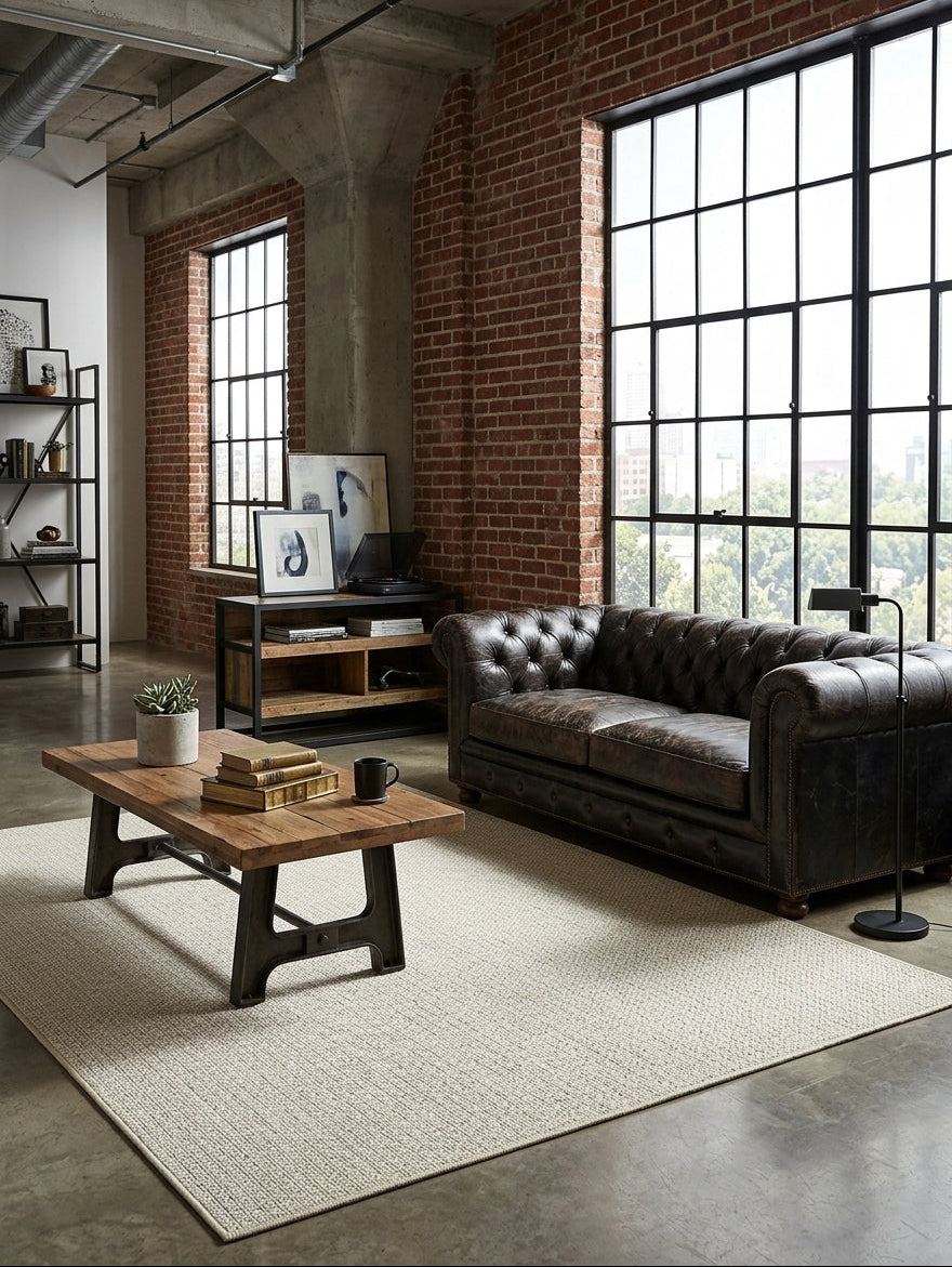 Alfombra de sisal marfil en living moderno de estilo industrial.