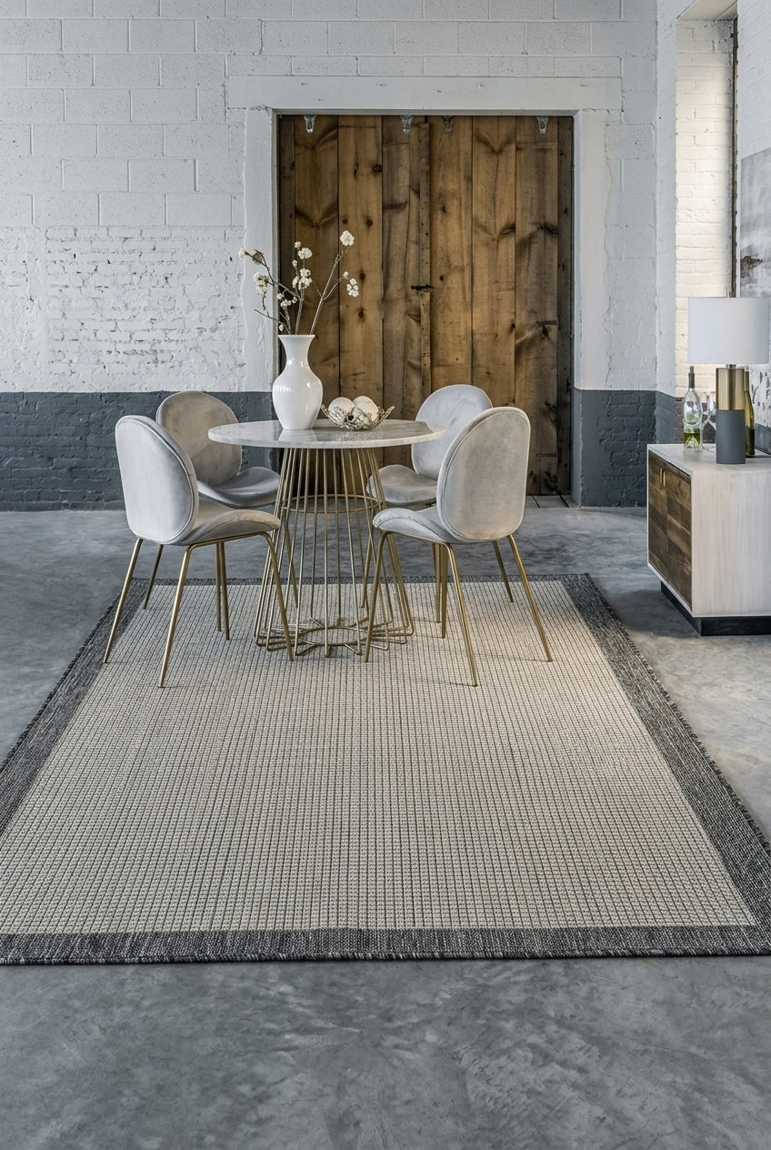 Alfombra Sisalo White and Gris en living moderno con sillones y luz natural