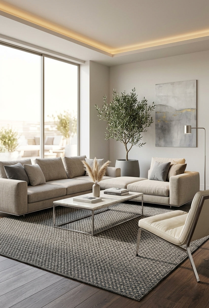Alfombra Sisalo Trilenium gris en living moderno con grandes ventanales.