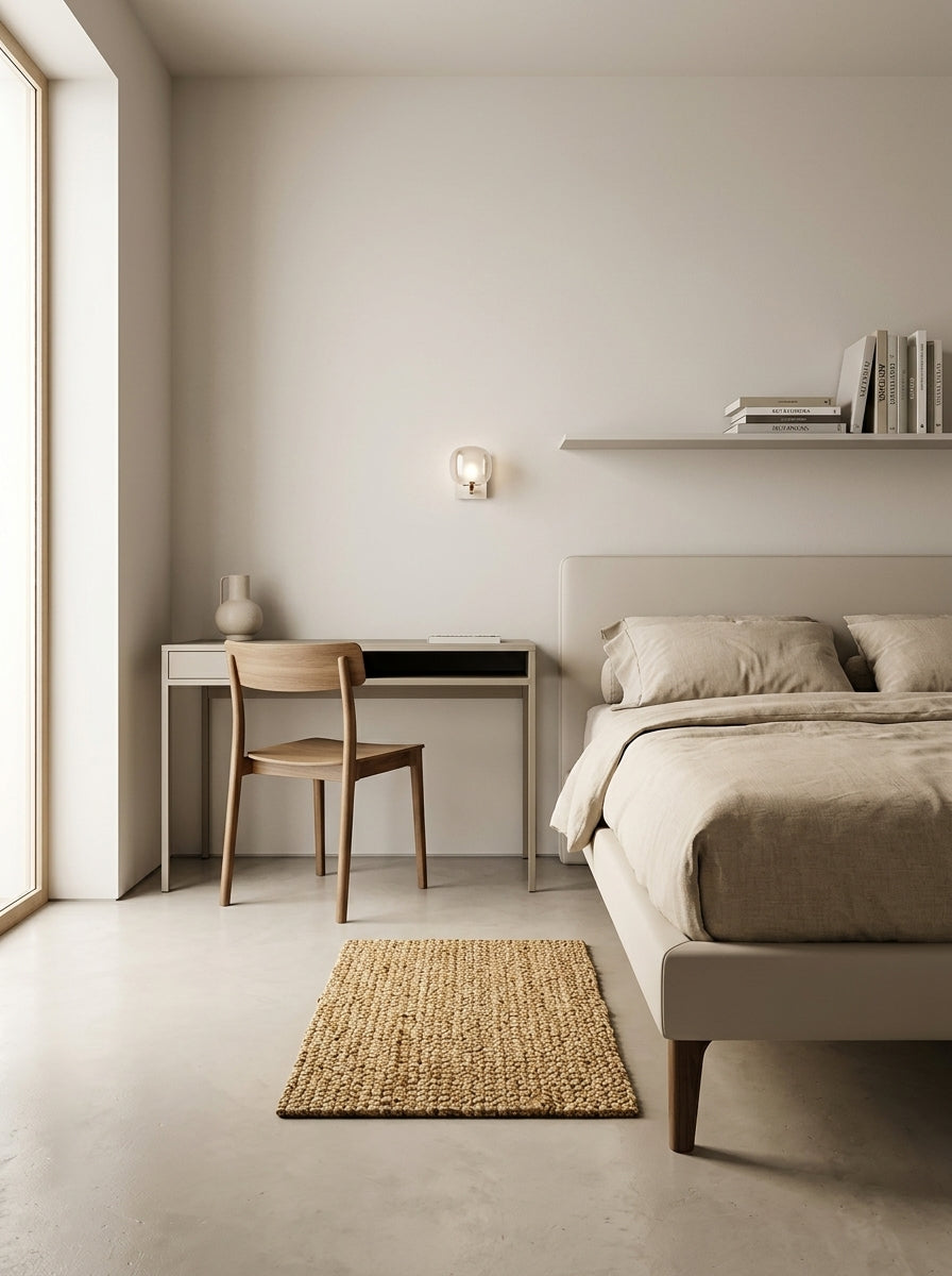 Tapete Yute organic en habitación cálida minimalista