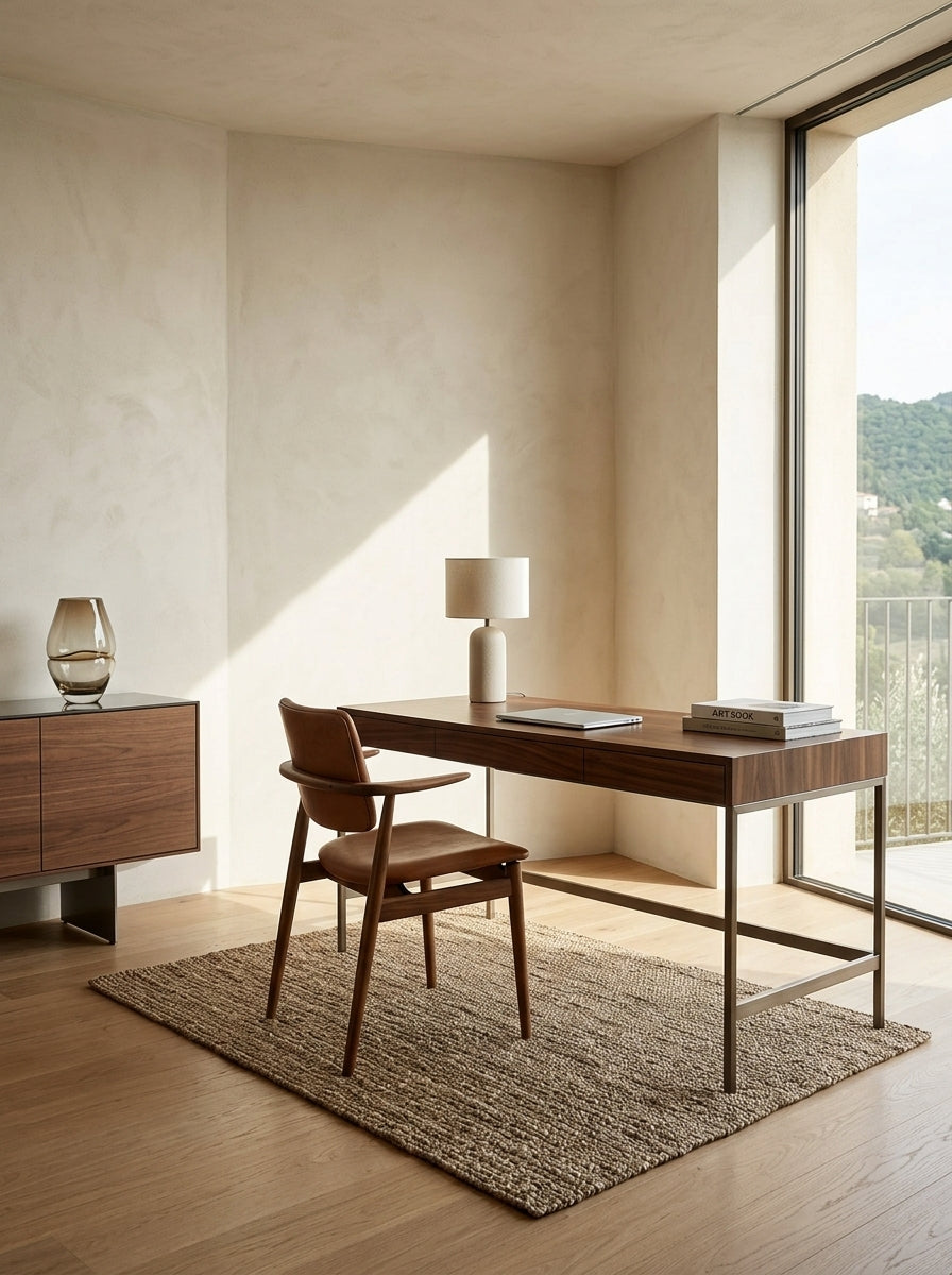 Tapete yute organic en escritorio oficina contemporáneo con muebles de madera
