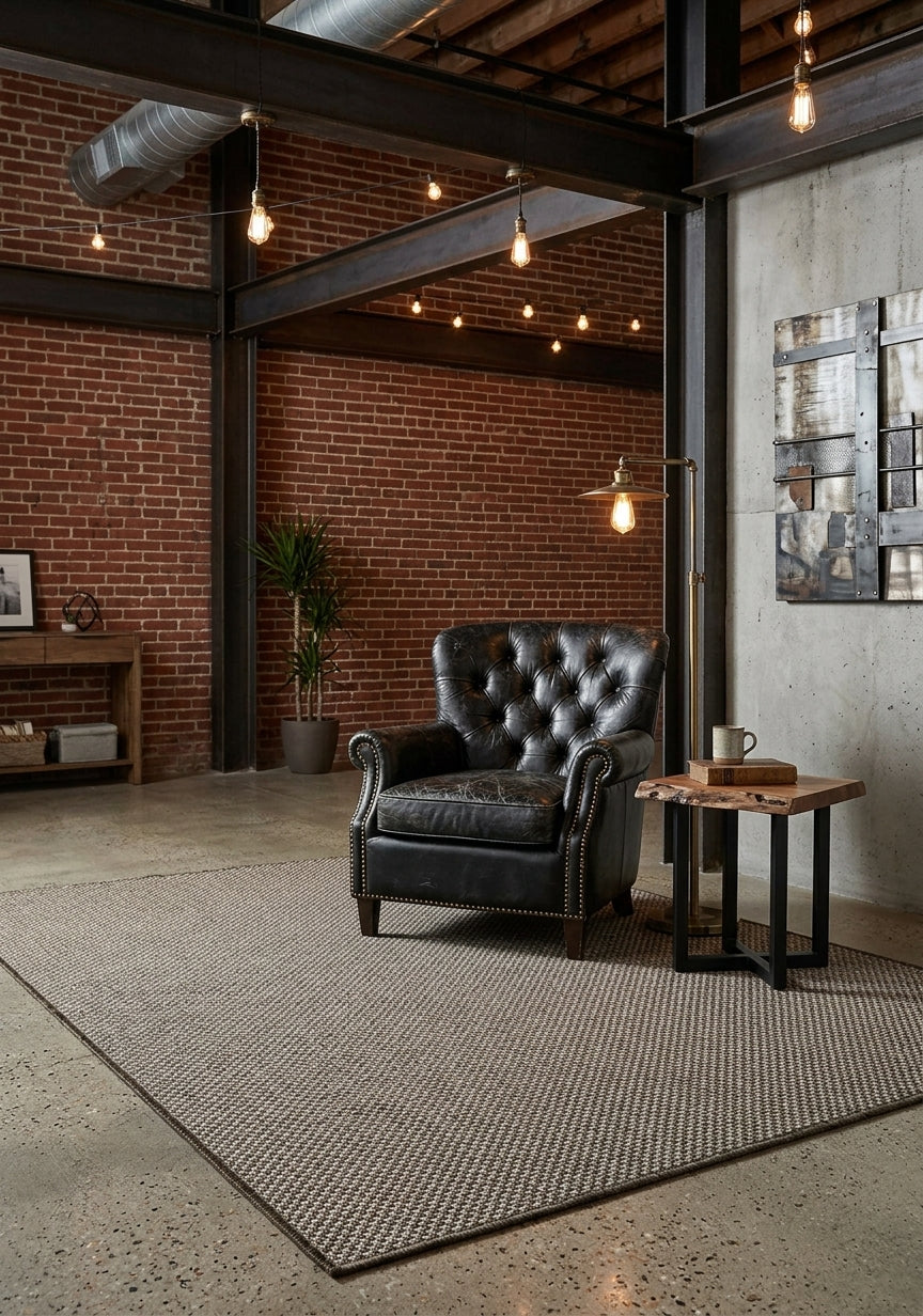 Alfombra Sisalo Moka en espacio estilo industrial con iluminación cálida