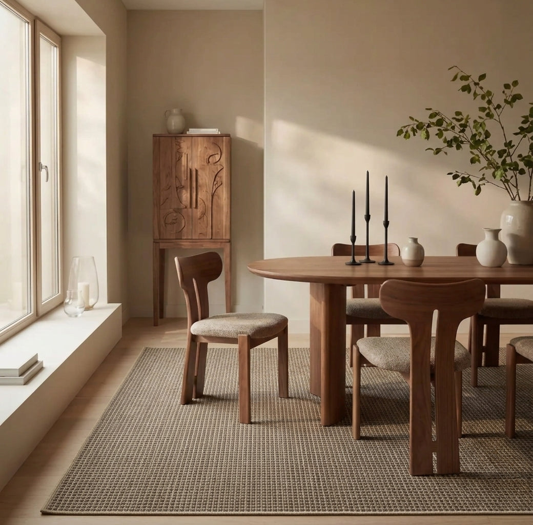 Alfombra de sisal arena en comedor cálido con detalles de madera natural.