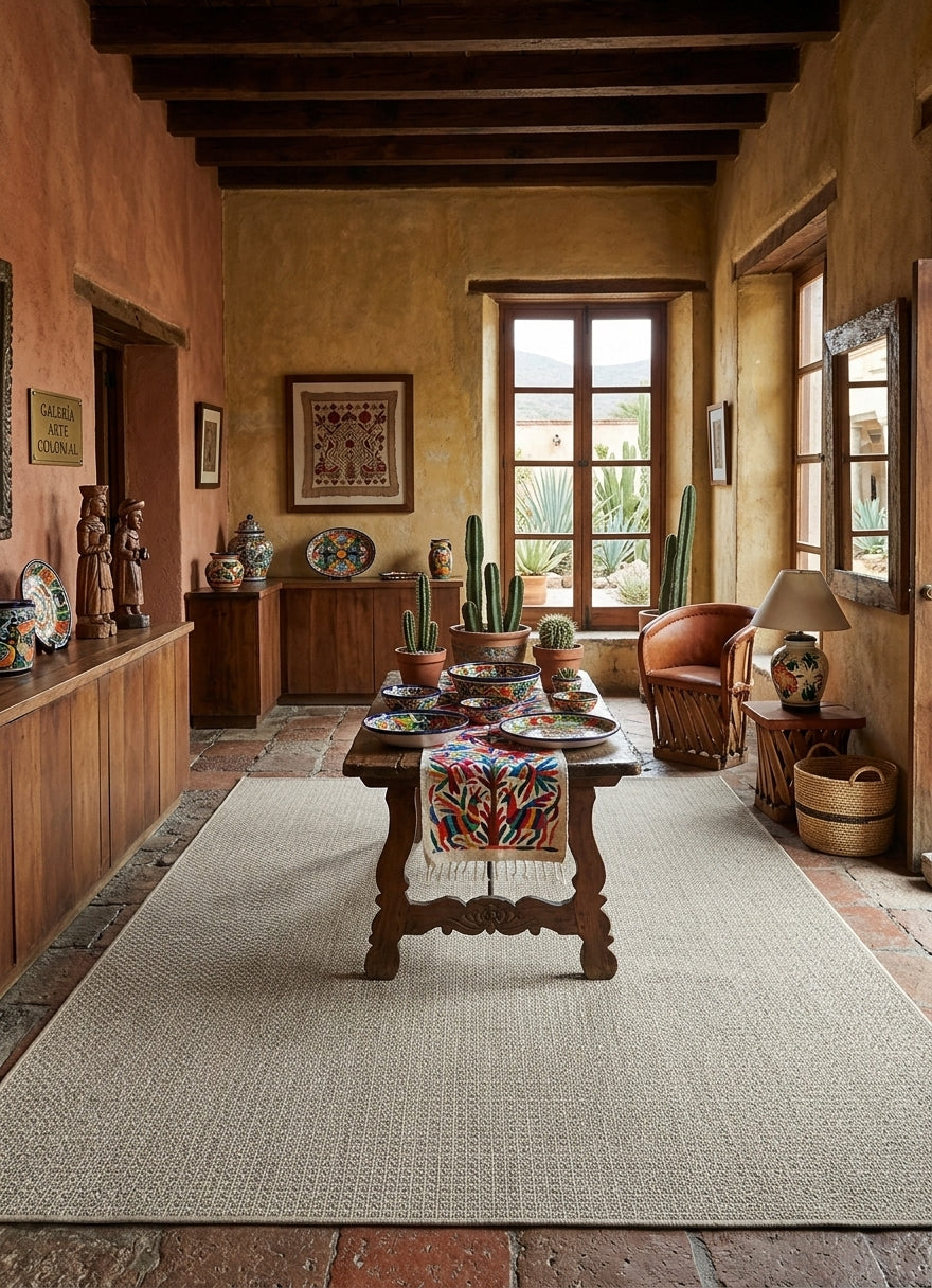 Alfombra de sisal marfil en living cálido con detalles de madera natural.