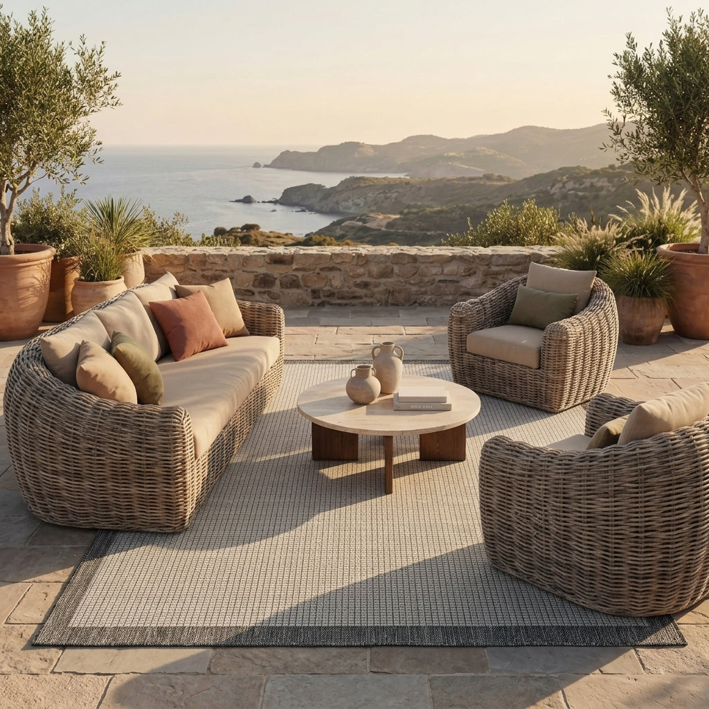 Alfombra Sisalo White and Gris en living exterior con sillones de ratán y vista al mar