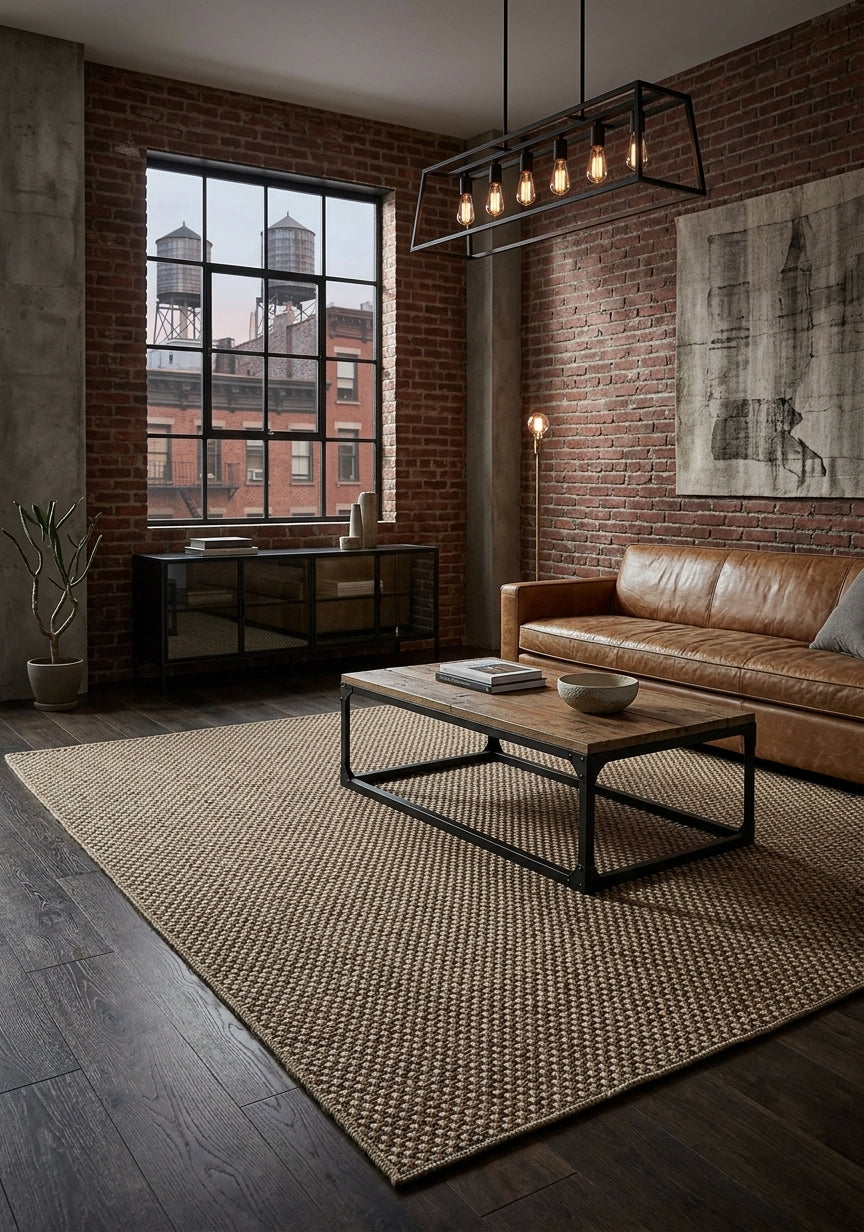 Alfombra Special Yute Gold en living de estilo industrial contemporáneo con ladrillo expuesto.