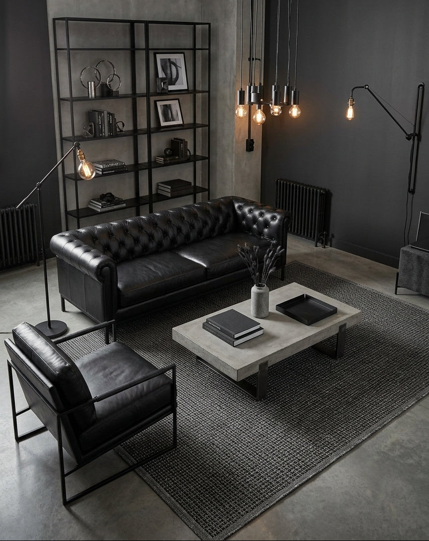 Alfombra de sisal grafito en living elegante con mobiliario oscuro.