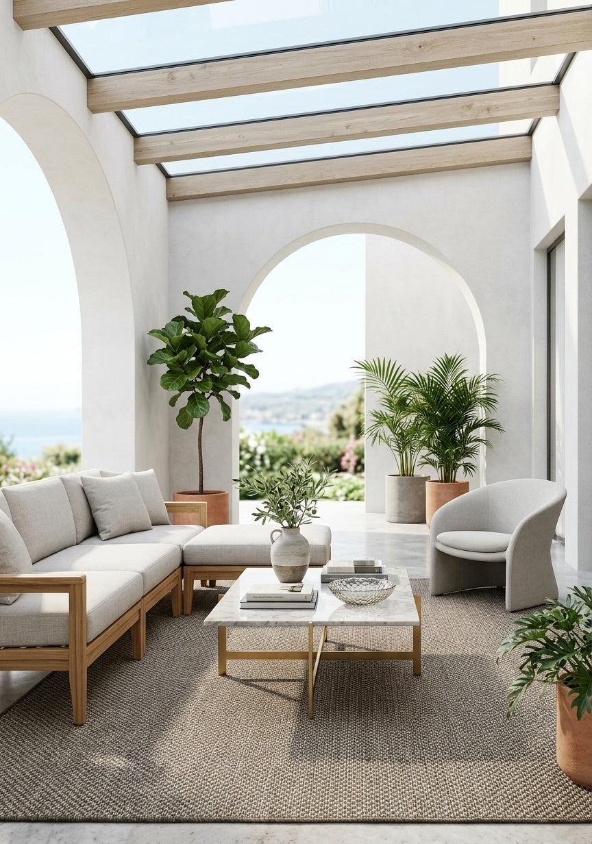 Tapete Sisalo Moka en living exterior contemporáneo con plantas
