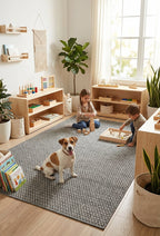 Alfombra Sisalo Trilenium gris en playroom infantil con mobiliario de madera y área de juegos.
