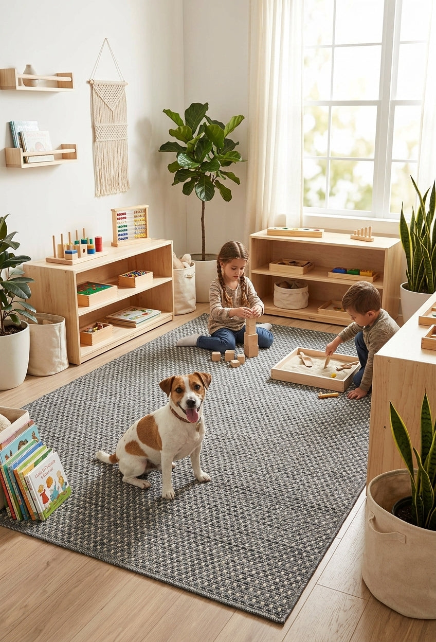 Alfombra Sisalo Trilenium gris en playroom infantil con mobiliario de madera y área de juegos.