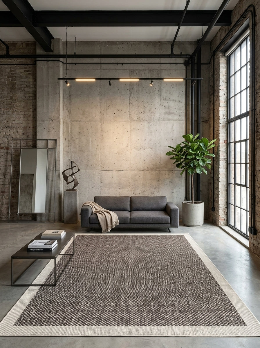 Tapete Sisalo Cream en living minimalista industrial