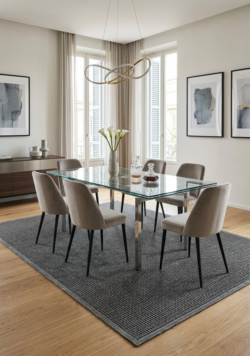 Alfombra de sisal grafito en comedor contemporáneo con mesa y sillas de madera.