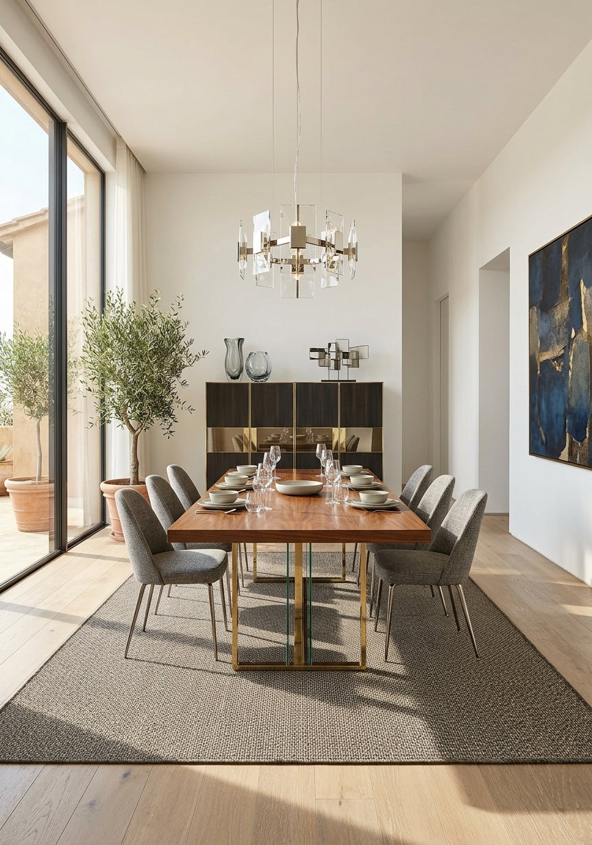 Tapete Sisalo Moka en comedor moderno elegante con sillas, ventanal y plantas