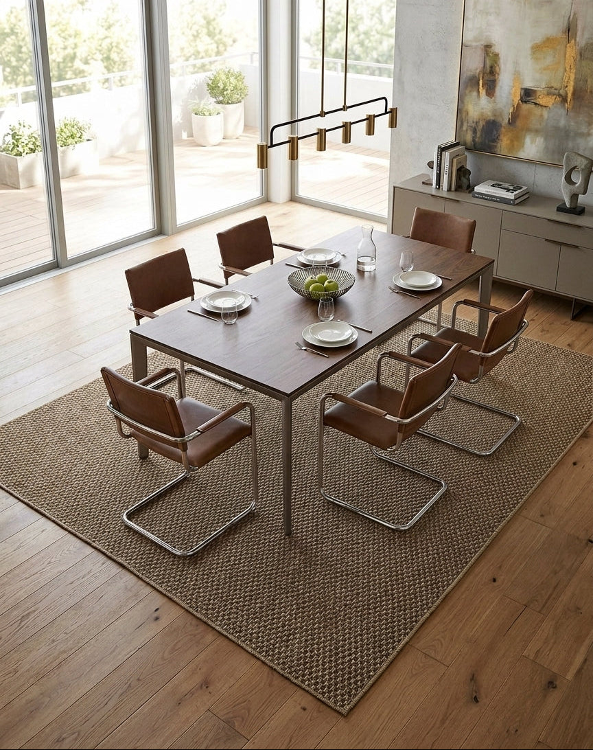 Alfombra Special Yute Gold en comedor luminoso.