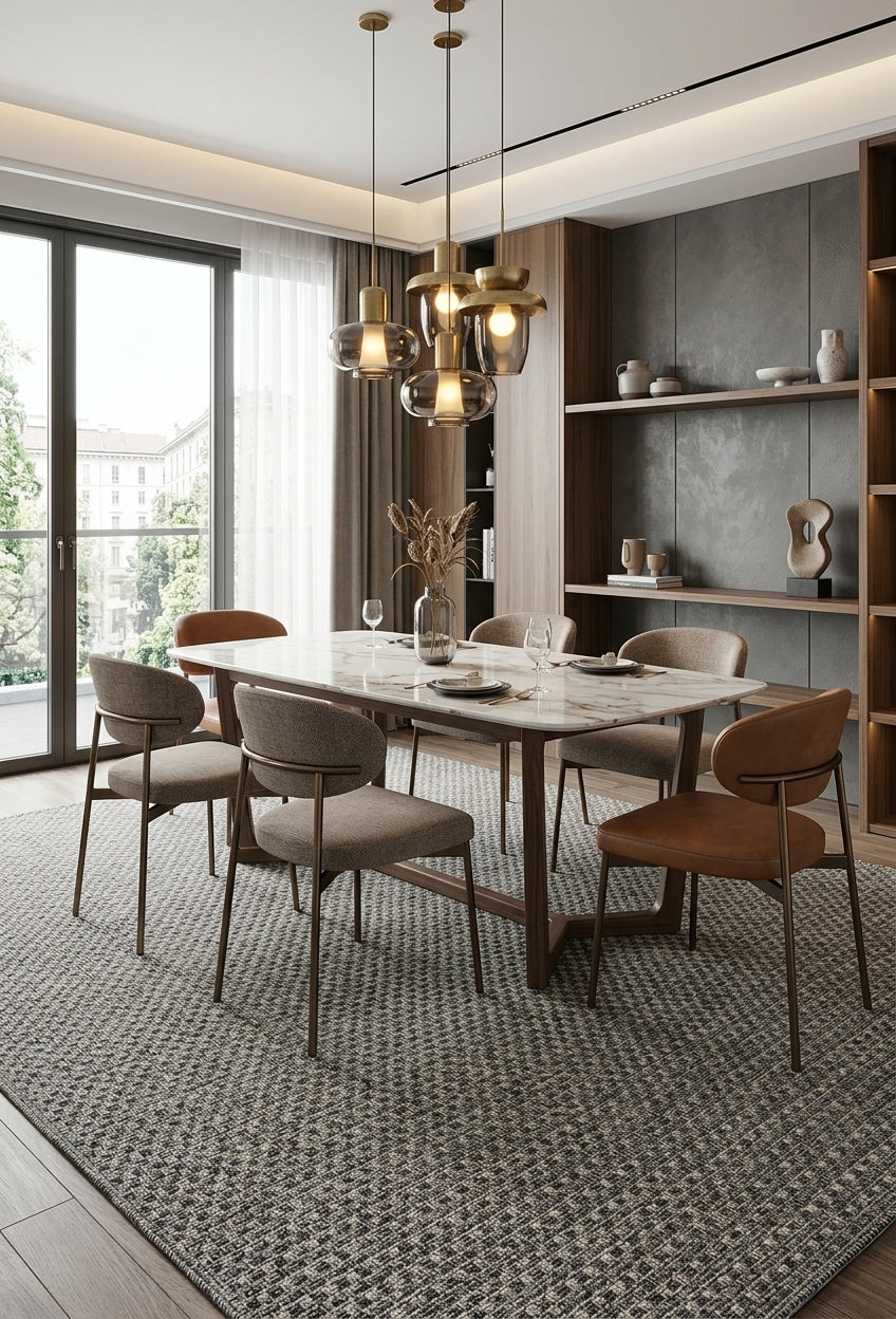 Alfombra Sisalo Trilenium gris en comedor contemporáneo de estilo elegante.