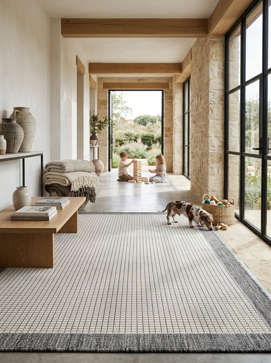 Alfombra Sisalo blanca con borde gris en un pasillo luminoso con ventanales y decoración en tonos neutros.