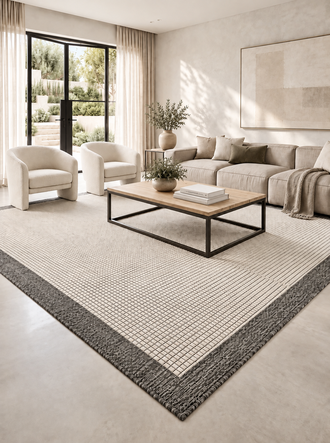 Alfombra Sisalo blanca con borde gris en un living claro con sofá blanco y mesa de centro.